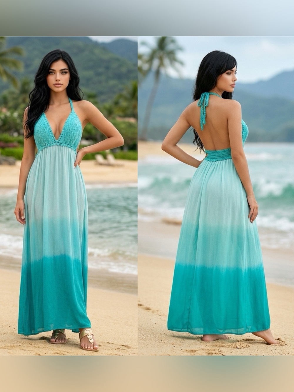 Khush Aqua Ombré Crochet Halter Maxi Dress Open Back Boho Beach Small